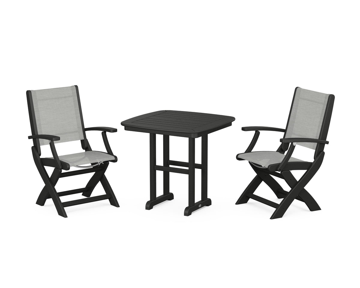 POLYWOOD Coastal Folding Chair 3-Piece Dining Set in Black / Metallic