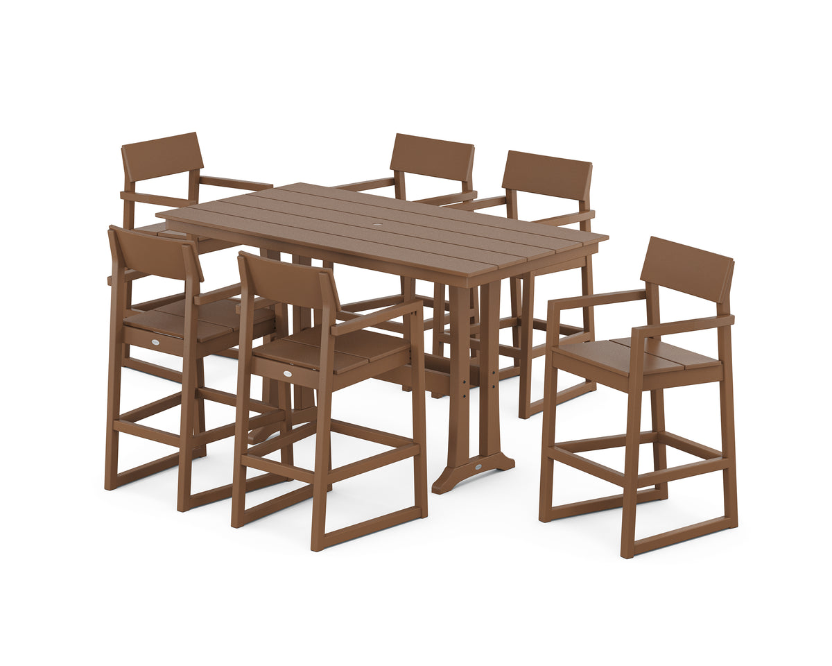 POLYWOOD EDGE Arm Chair 7-Piece Farmhouse Bar Set with Trestle Legs in Teak