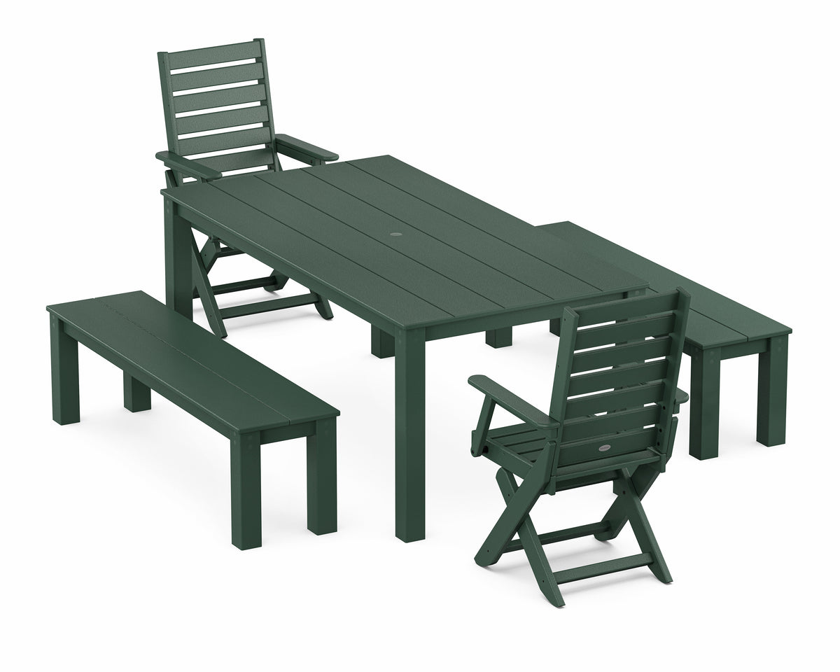 POLYWOOD Captain Folding Chair 5-Piece Parsons Dining Set with Benches in Green