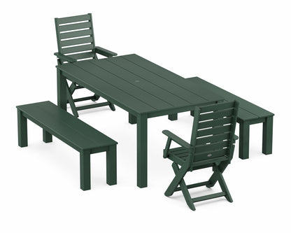 POLYWOOD Captain Folding Chair 5-Piece Parsons Dining Set with Benches in Green