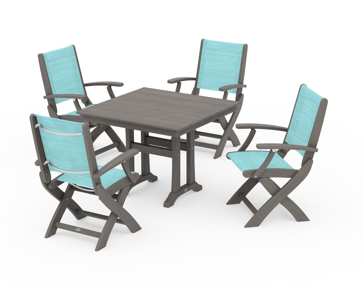 POLYWOOD Coastal Folding Chair 5-Piece Farmhouse Dining Set With Trestle Legs in Driftwood / Dupioni Aquamarine