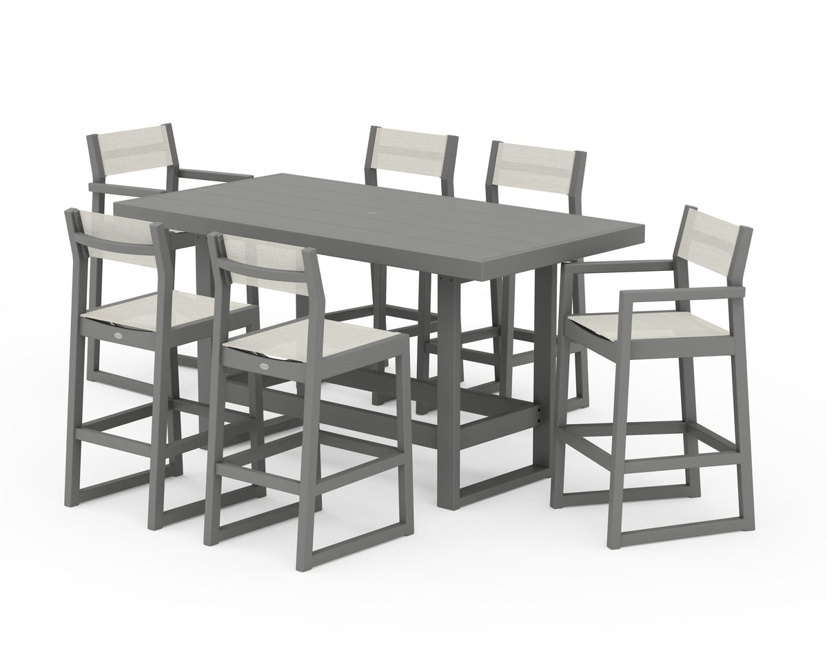 POLYWOOD EDGE Sling 7-Piece Bar Table Set in Slate Grey / Parchment