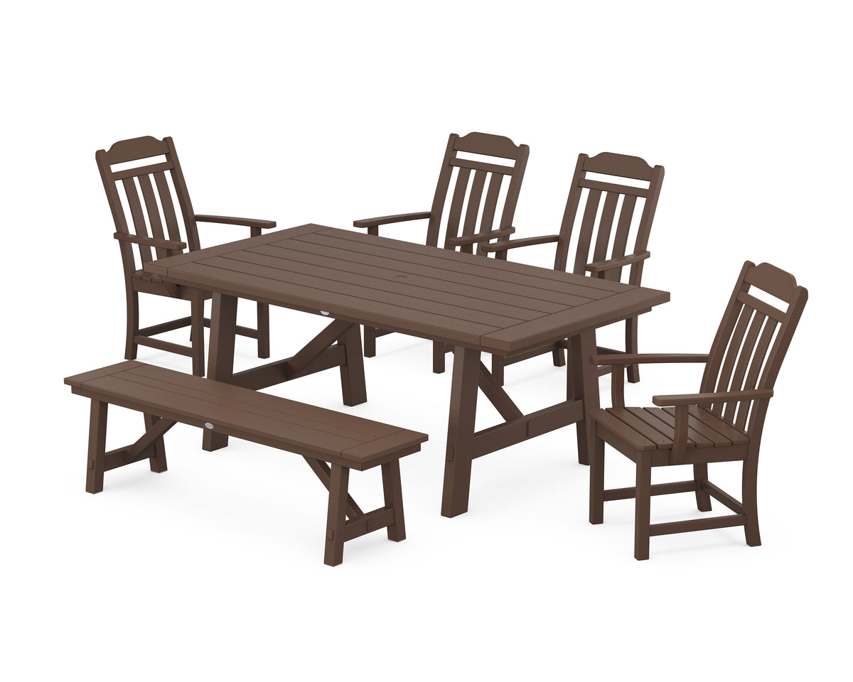 POLYWOOD Cottage 6-Piece Rustic Farmhouse Dining Set with Bench in Mahogany