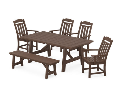 POLYWOOD Cottage 6-Piece Rustic Farmhouse Dining Set with Bench in Mahogany