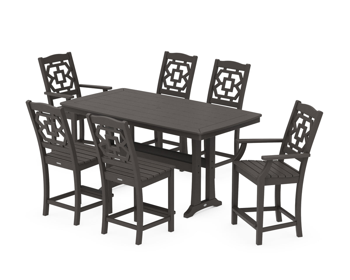 POLYWOOD Chinoiserie 7-Piece Counter Set with Trestle Legs in Vintage Coffee