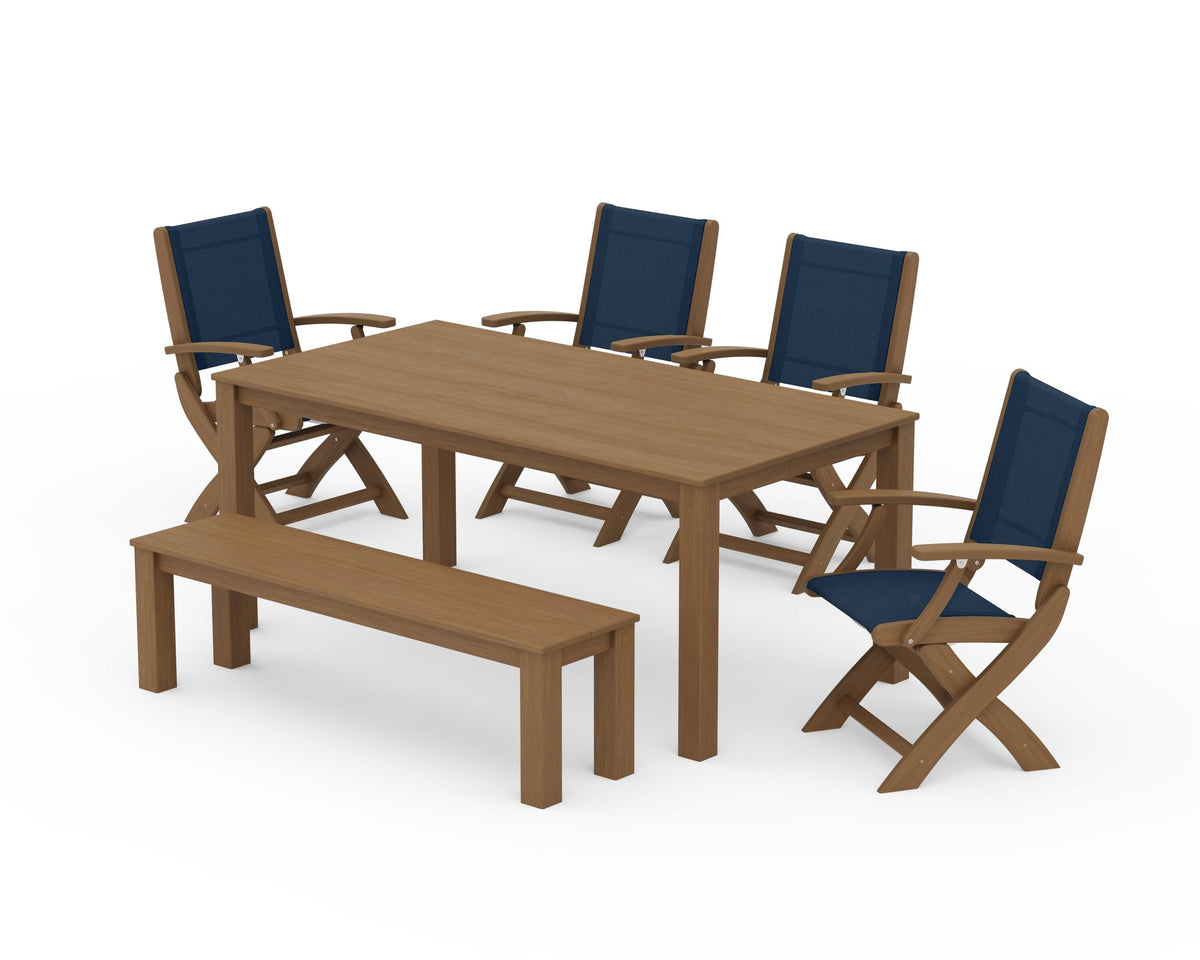POLYWOOD Coastal Folding Chair 6-Piece Parsons Dining Set with Bench in Natural / Navy Blue
