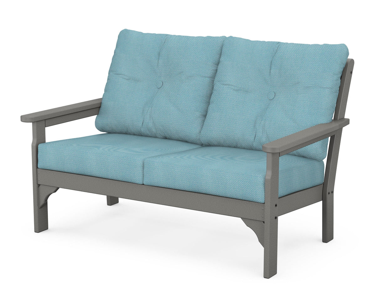 POLYWOOD Vineyard Deep Seating Loveseat in Slate Grey / Lattice Sky Blue