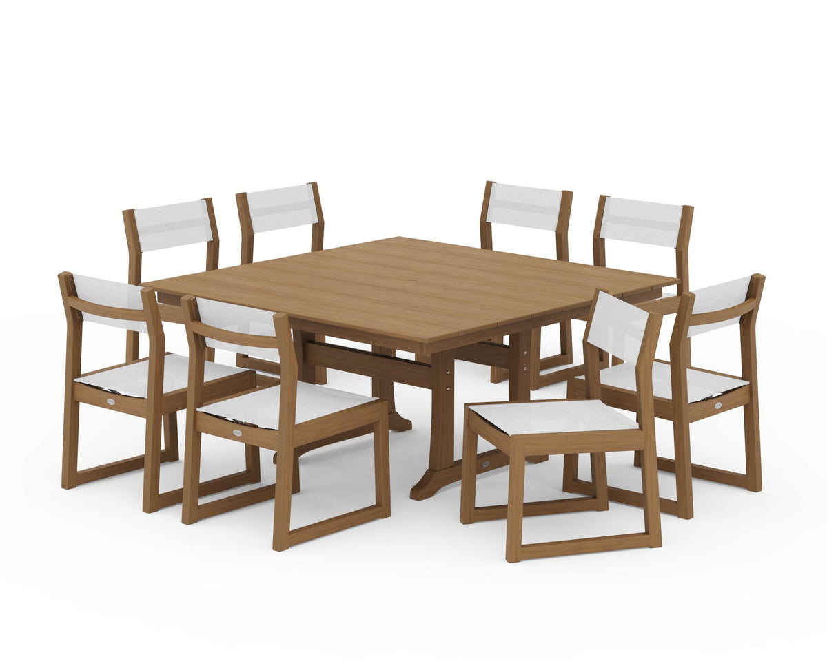 POLYWOOD EDGE Sling Side Chair 9-Piece Farmhouse Trestle Dining Set in Natural / White