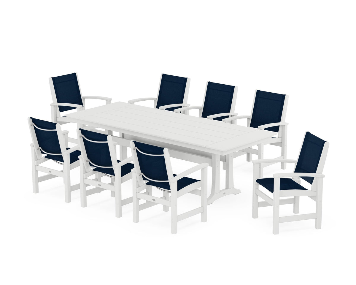POLYWOOD Coastal 9-Piece Farmhouse Dining Set with Trestle Legs in White / Navy Blue