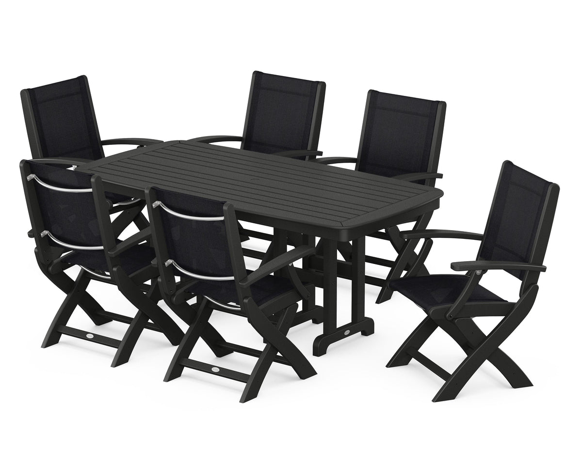 POLYWOOD Coastal Folding Arm Chair 7-Piece Dining Set in Black / Black