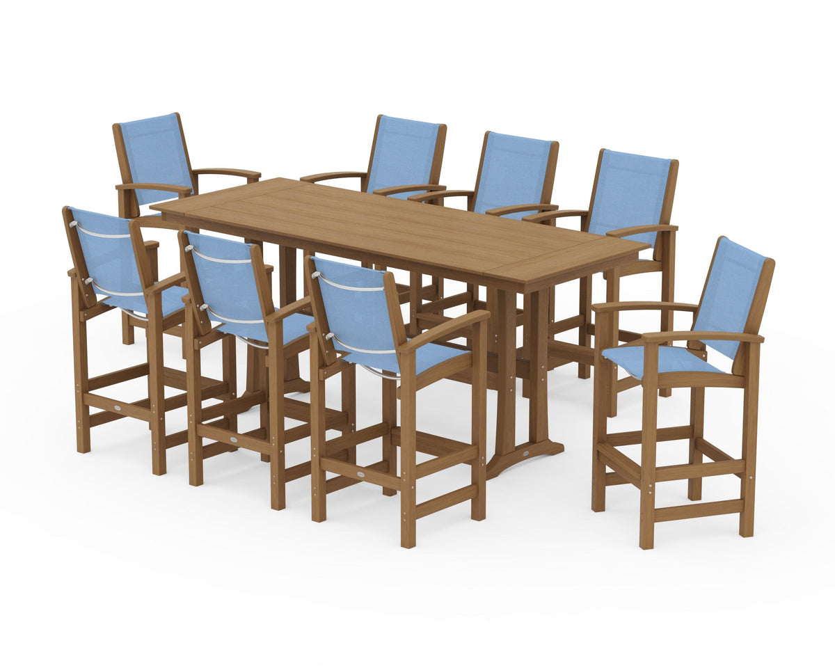 POLYWOOD Coastal 9-Piece Farmhouse Bar Set with Trestle Legs in Natural / Poolside