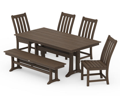 POLYWOOD Vineyard Side Chair 6-Piece Farmhouse Dining Set with Trestle Legs and Bench in Kona