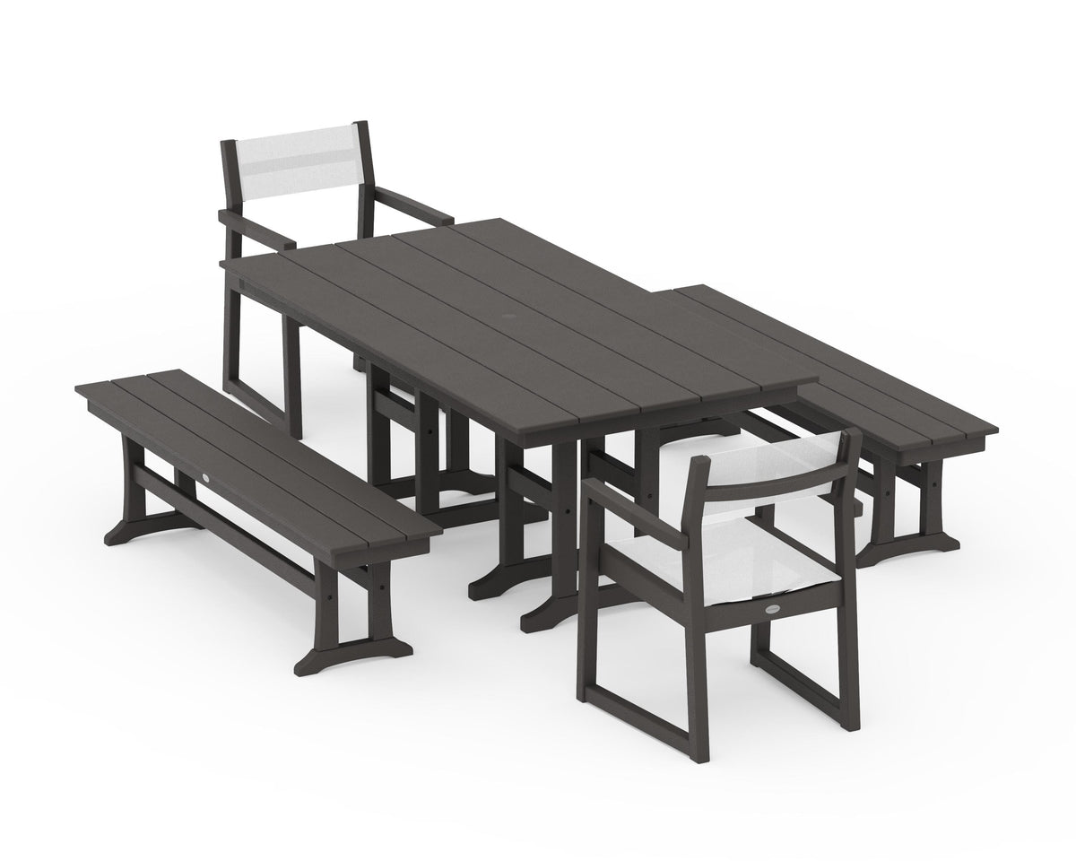 POLYWOOD EDGE Sling Arm Chair 5-Piece Farmhouse Dining Set with Benches in Vintage Coffee / White