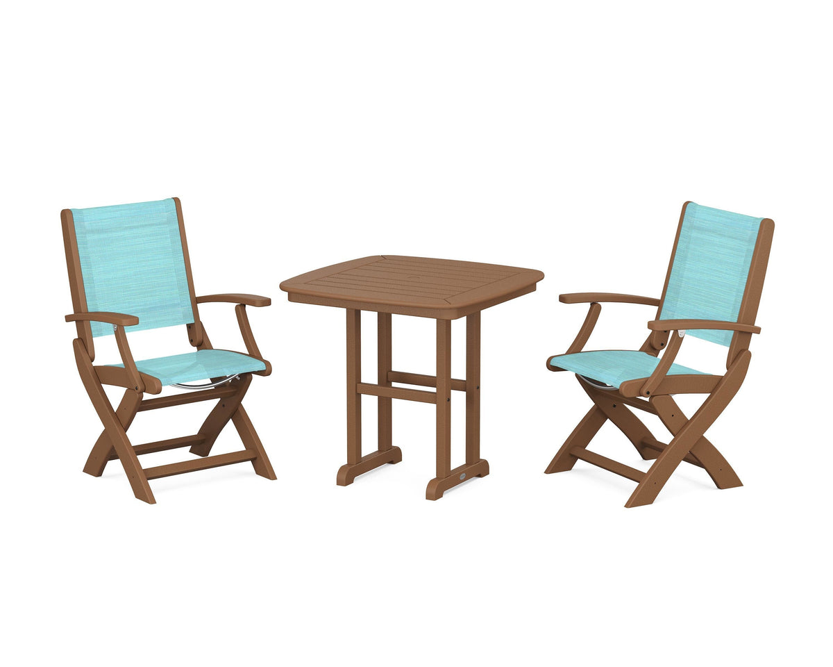 POLYWOOD Coastal Folding Chair 3-Piece Dining Set in Teak / Dupioni Aquamarine