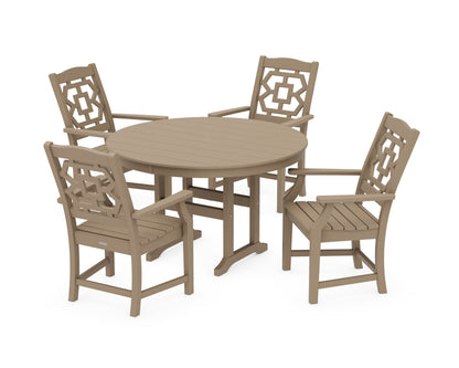 POLYWOOD Chinoiserie 5-Piece Round Farmhouse Dining Set in Vintage Sahara