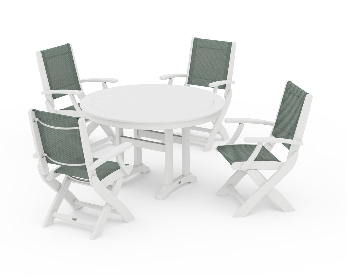 POLYWOOD Coastal Folding Chair 5-Piece Round Dining Set with Trestle Legs in White / Dupioni Sea Mist