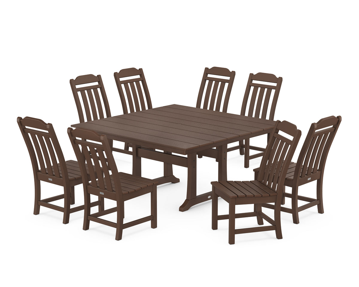 POLYWOOD Cottage 9-Piece Square Farmhouse Side Chair Dining Set with Trestle Legs in Mahogany