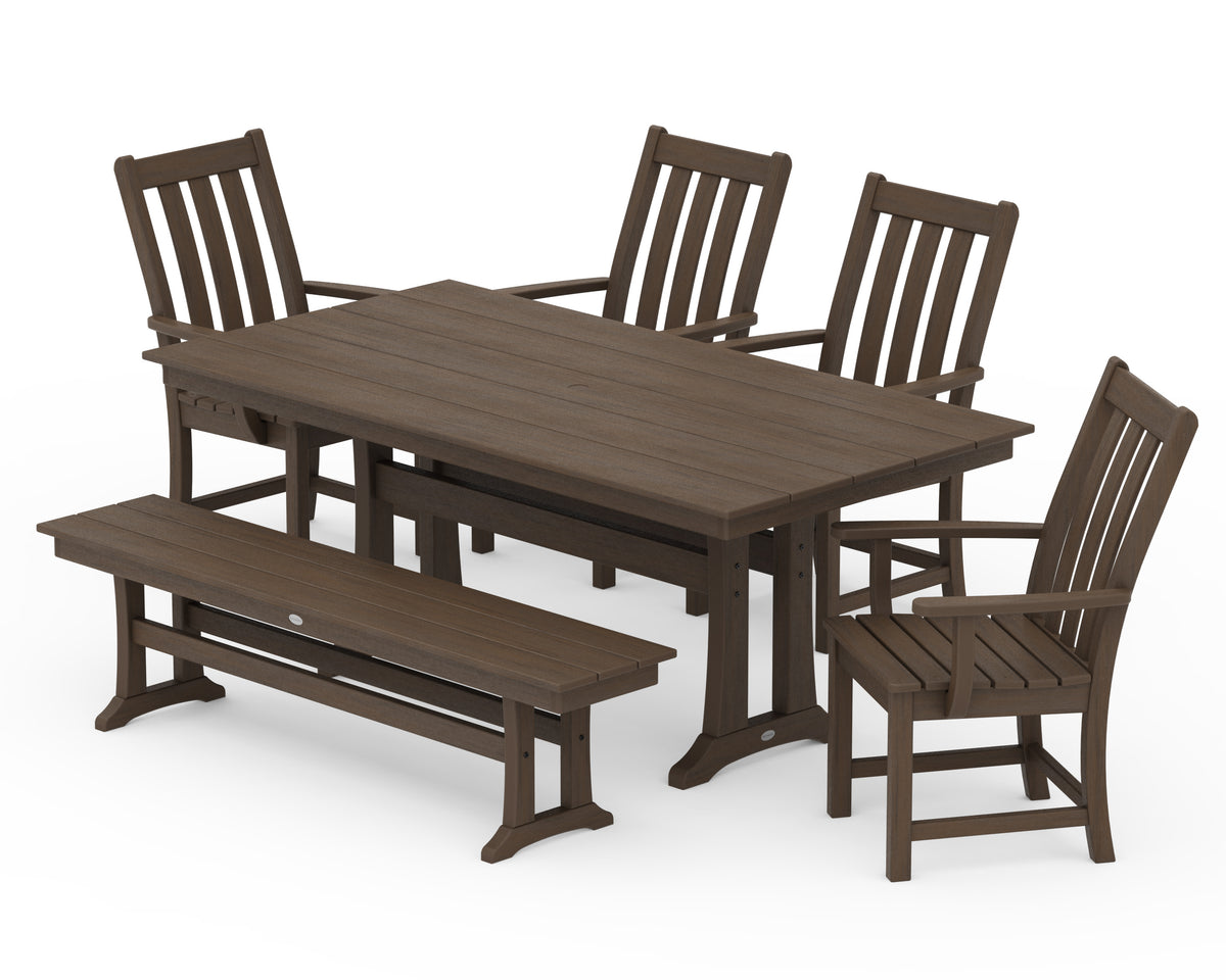 POLYWOOD Vineyard 6-Piece Arm Chair Farmhouse Dining Set with Trestle Legs and Bench in Kona