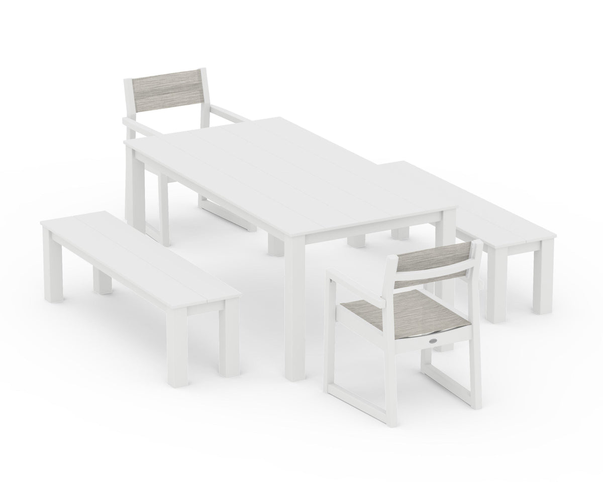 POLYWOOD EDGE Sling Arm Chair 5-Piece Parsons Dining Set with Benches in White / Birch