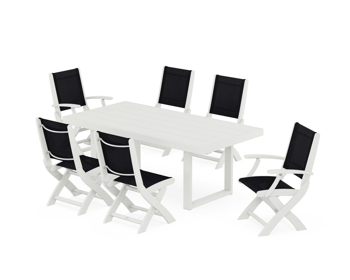 POLYWOOD Coastal Folding Chair 7-Piece Dining Set with Trestle Legs with EDGE 40" x 78" Dining Table in Vintage White / Black