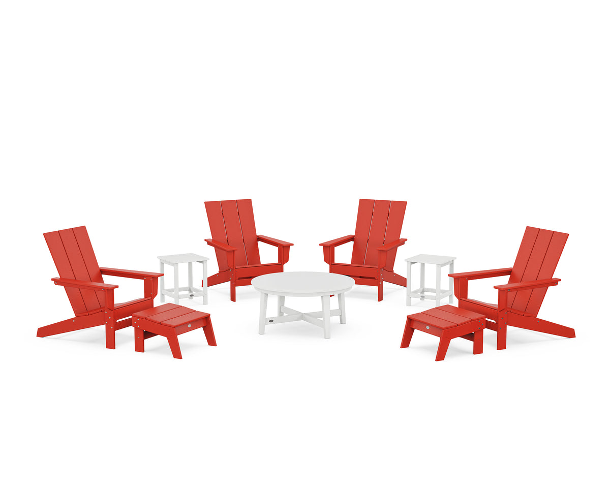 POLYWOOD Modern Studio Adirondack 9-Piece Conversation Set in Sunset Red / White