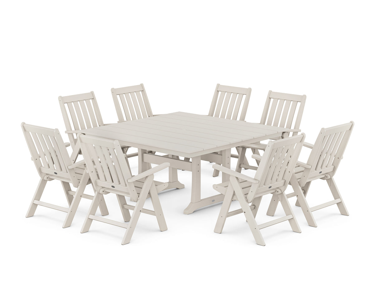 POLYWOOD Vineyard Folding Chair 9-Piece Square Farmhouse Dining Set with Trestle Legs in Sand