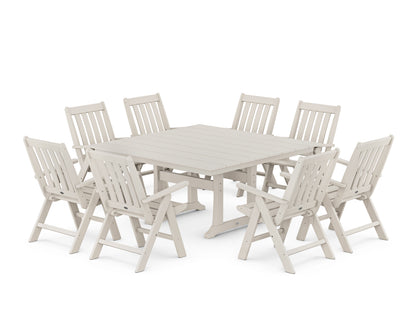 POLYWOOD Vineyard Folding Chair 9-Piece Square Farmhouse Dining Set with Trestle Legs in Sand