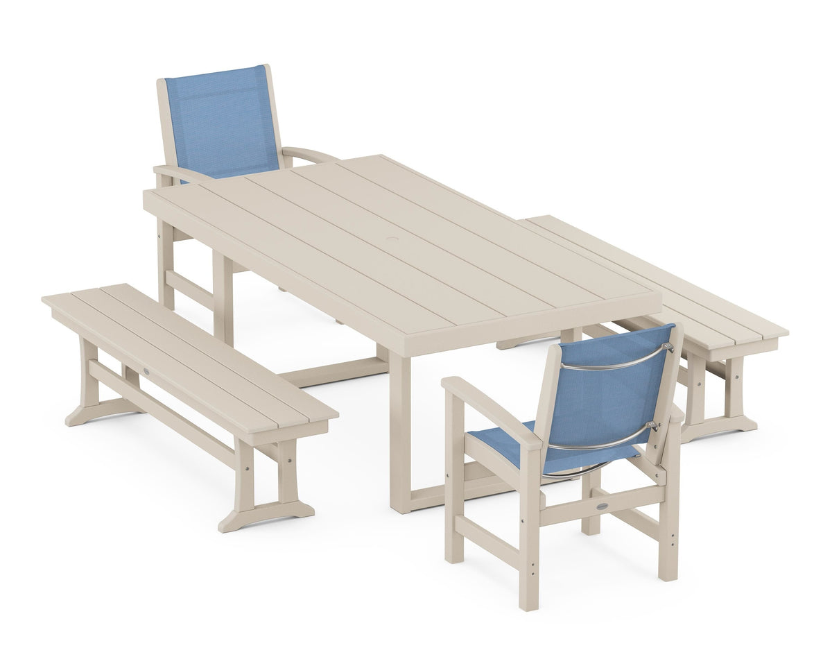 POLYWOOD Coastal 5-Piece Dining Set with Trestle Legs with EDGE 40" x 78" Dining Table in Sand / Poolside