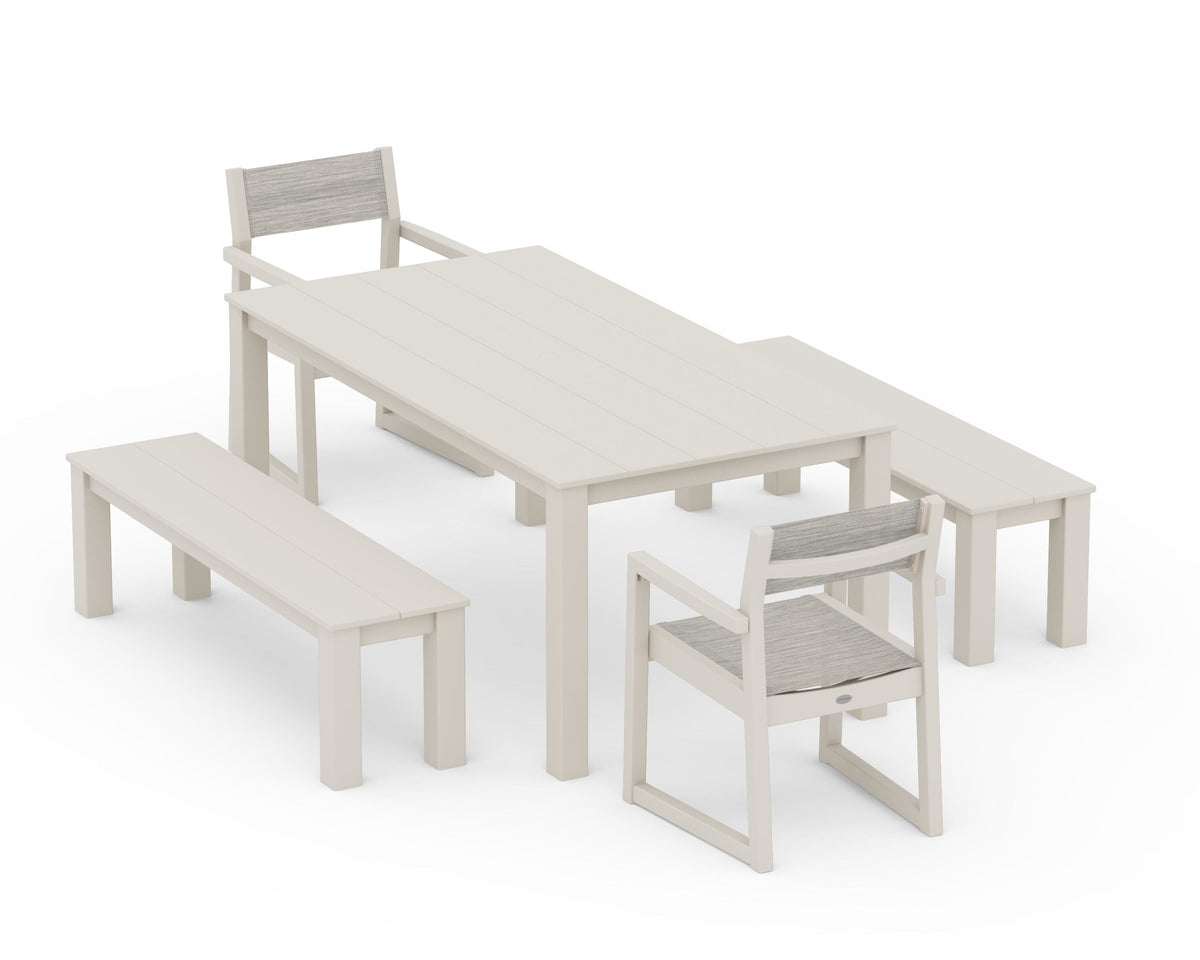 POLYWOOD EDGE Sling Arm Chair 5-Piece Parsons Dining Set with Benches in Sand / Birch