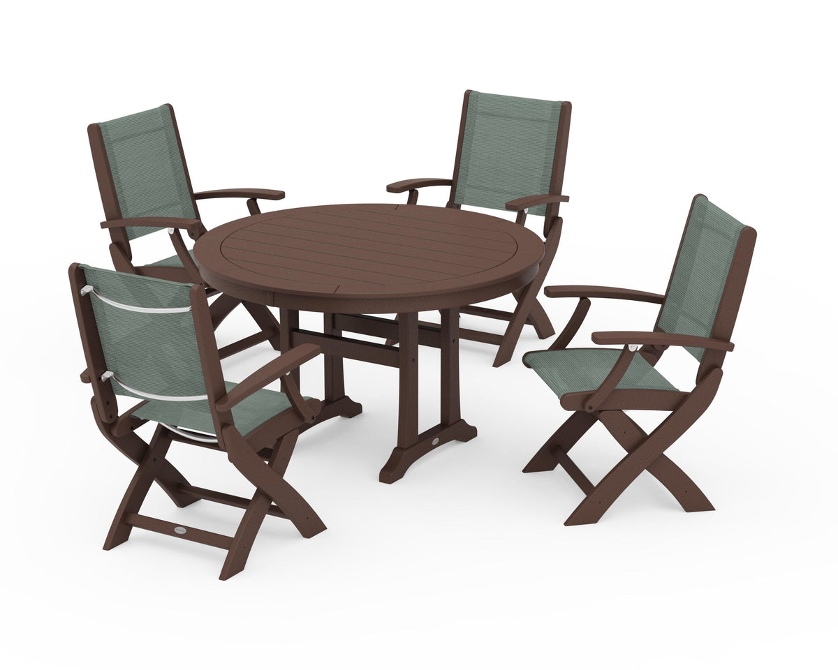 POLYWOOD Coastal Folding Chair 5-Piece Round Dining Set with Trestle Legs in Mahogany / Dupioni Sea Mist