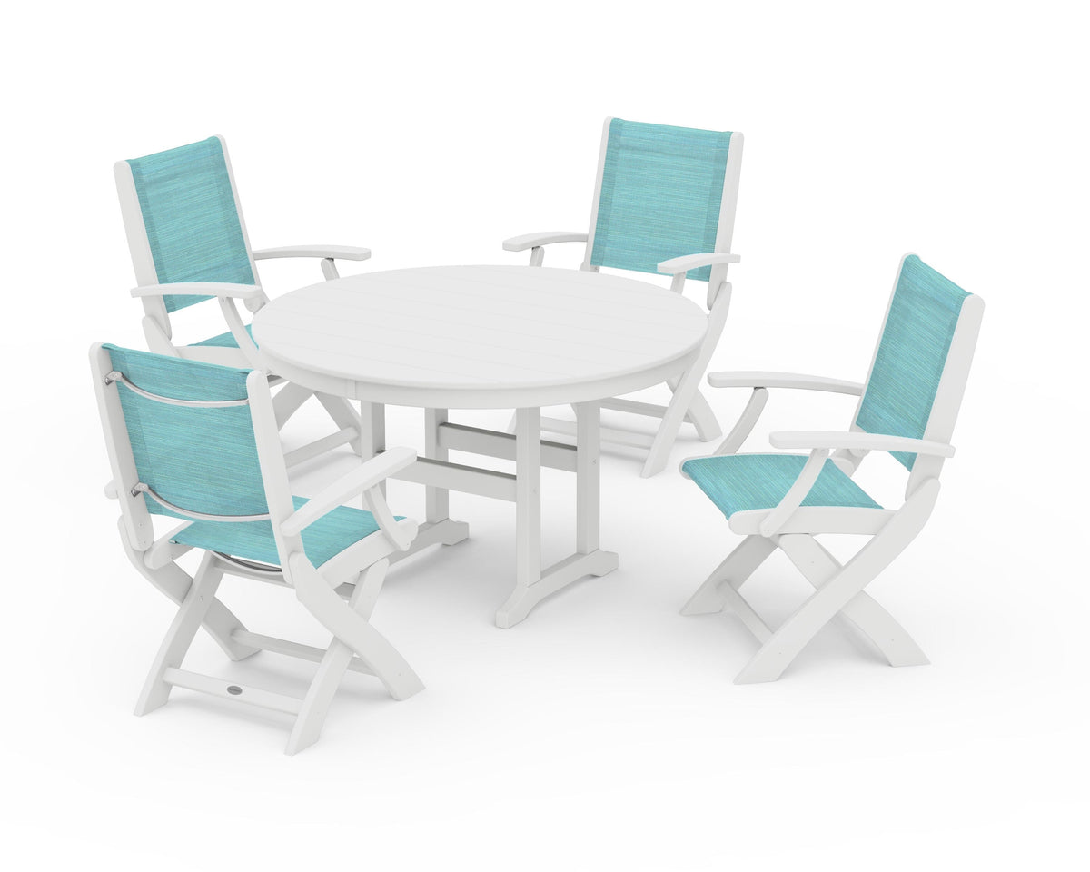 POLYWOOD Coastal Folding Chair 5-Piece Round Dining Set in White / Dupioni Aquamarine