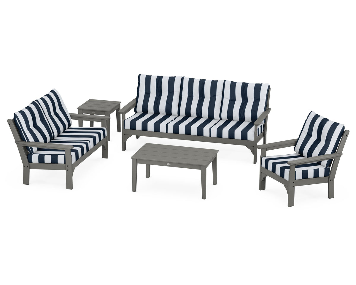 POLYWOOD Vineyard 5-Piece Deep Seating Set with Sofa in Slate Grey / Cabana Stripe Marine Indigo