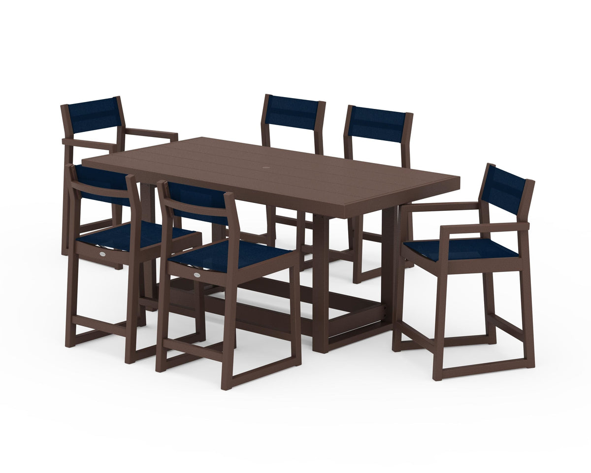 POLYWOOD EDGE Sling 7-Piece Counter Table Set in Mahogany / Navy Blue