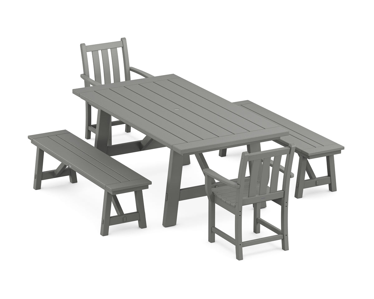 POLYWOOD Traditional Garden 5-Piece Rustic Farmhouse Dining Set with Benches in Slate Grey