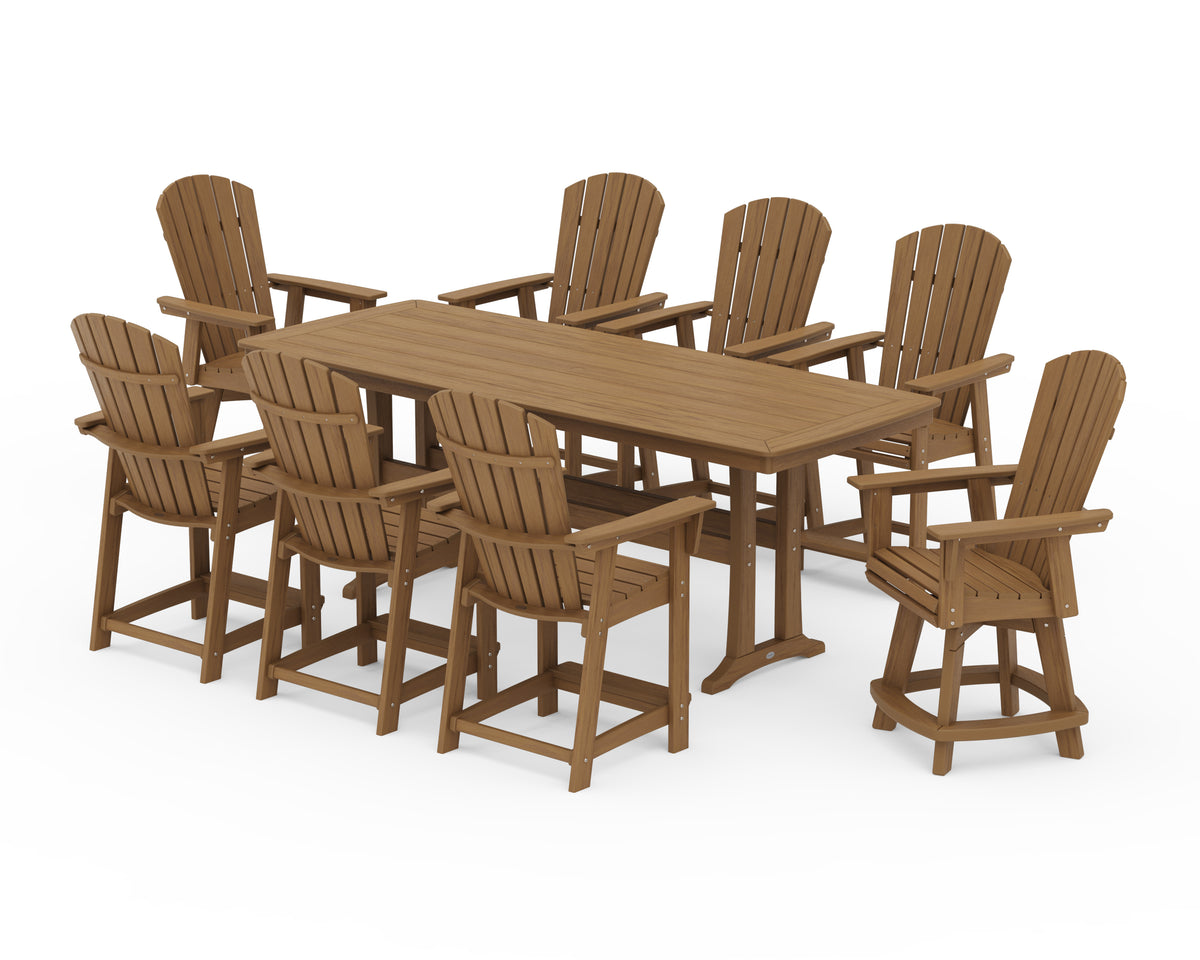 POLYWOOD Nautical Curveback Adirondack Swivel 9-Piece Counter Set with Trestle Legs in Natural