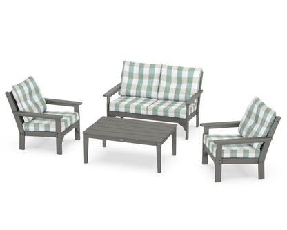 POLYWOOD Vineyard 4-Piece Deep Seating Set with Two Chairs and Loveseat in Slate Grey / Buffalo Plaid Glacier Spa