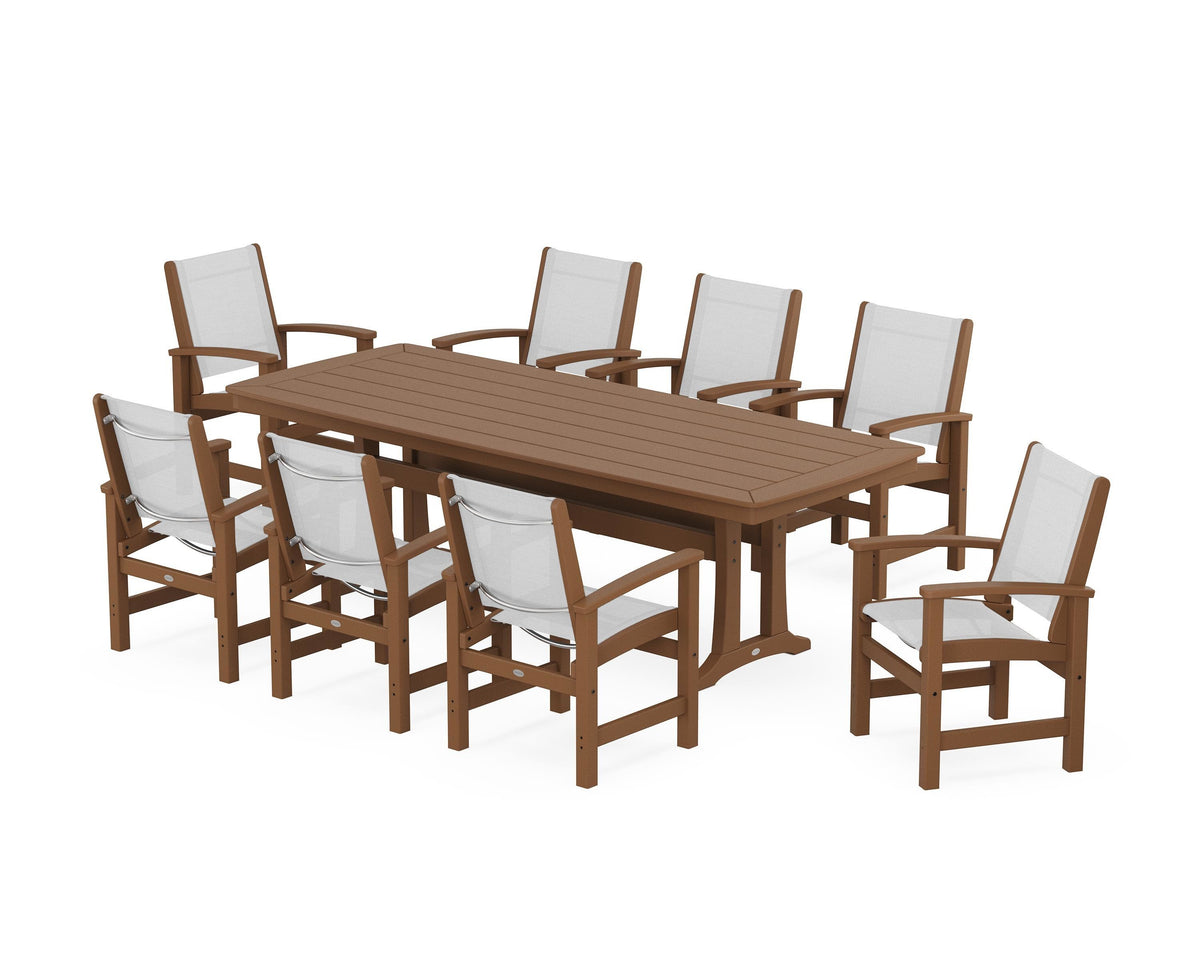 POLYWOOD Coastal 9-Piece Dining Set with Trestle Legs in Teak / White