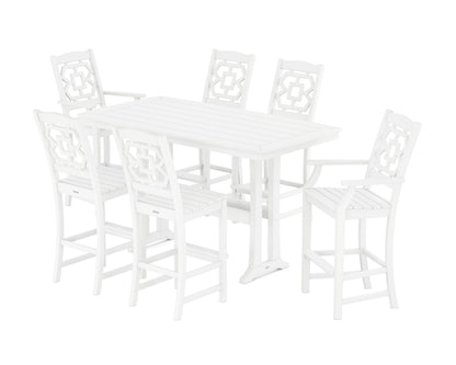 POLYWOOD Chinoiserie 7-Piece Bar Set with Trestle Legs in White