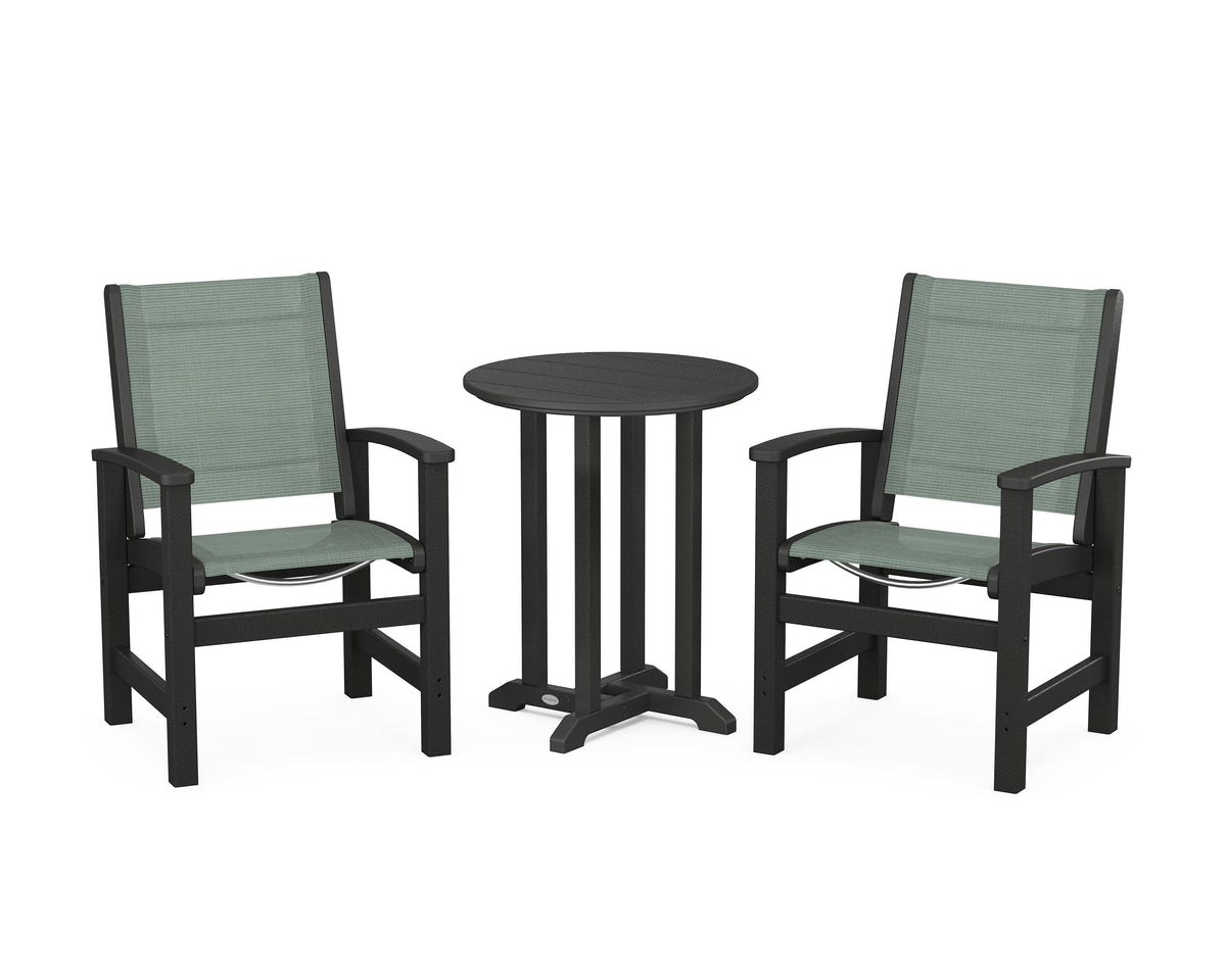 POLYWOOD Coastal 3-Piece Round Bistro Dining Set in Black / Dupioni Sea Mist