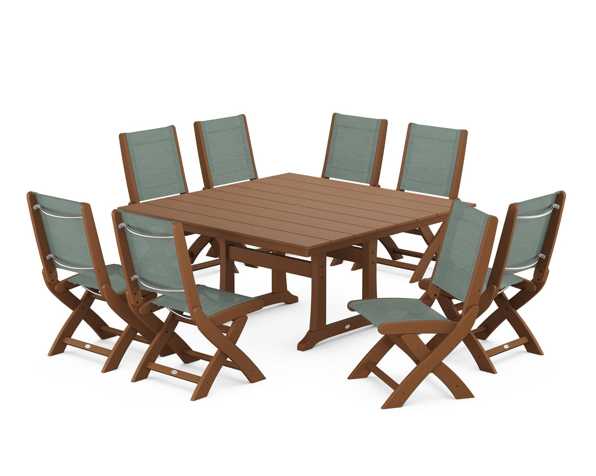 POLYWOOD Coastal Folding Side Chair 9-Piece Farmhouse Dining Set in Teak / Dupioni Sea Mist