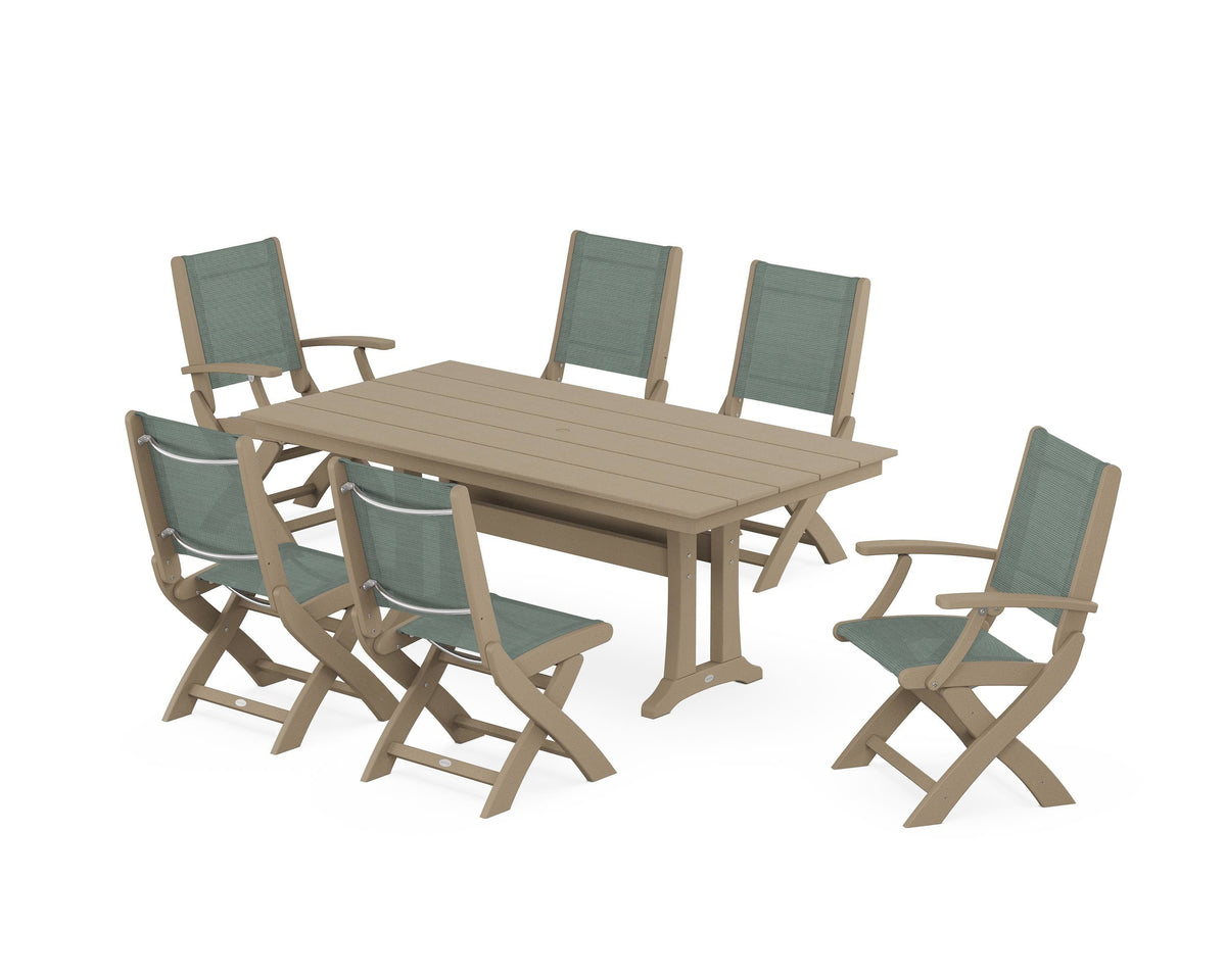 POLYWOOD Coastal Folding Chair 7-Piece Farmhouse Dining Set with Trestle Legs in Vintage Sahara / Dupioni Sea Mist