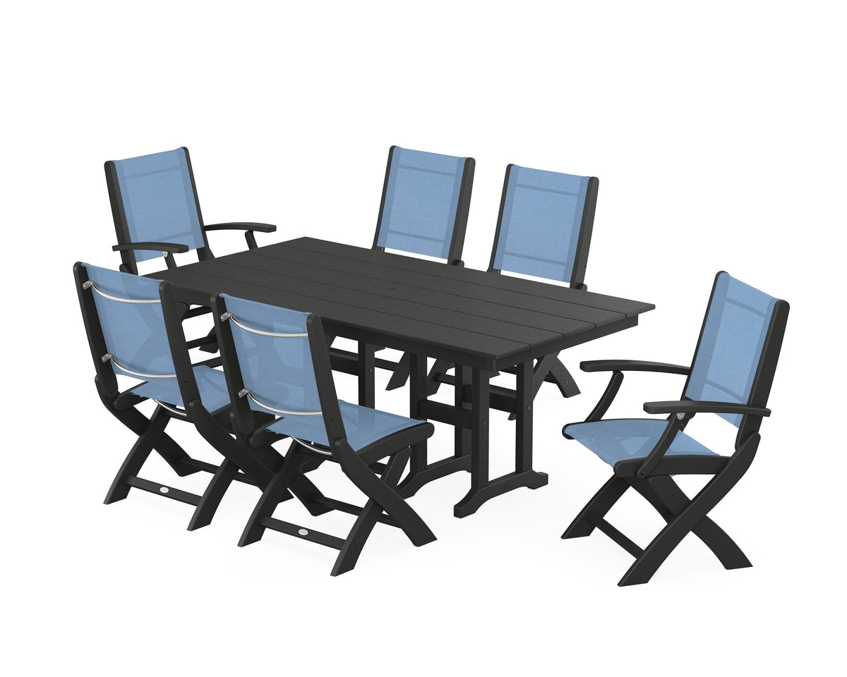 POLYWOOD Coastal Folding Chair 7-Piece Farmhouse Dining Set in Black / Poolside