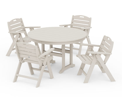POLYWOOD Nautical Folding Lowback Chair 5-Piece Round Farmhouse Dining Set in Sand