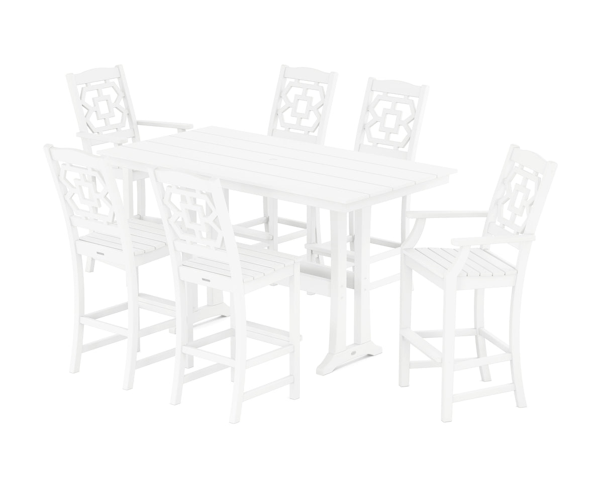 POLYWOOD Chinoiserie 7-Piece Farmhouse Bar Set with Trestle Legs in White
