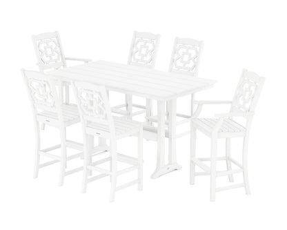 POLYWOOD Chinoiserie 7-Piece Farmhouse Bar Set with Trestle Legs in White