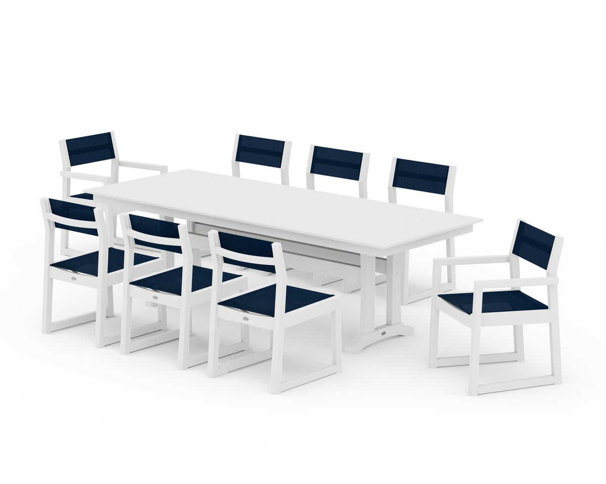 POLYWOOD EDGE Sling 9-Piece Farmhouse Trestle Dining Set in White / Navy Blue