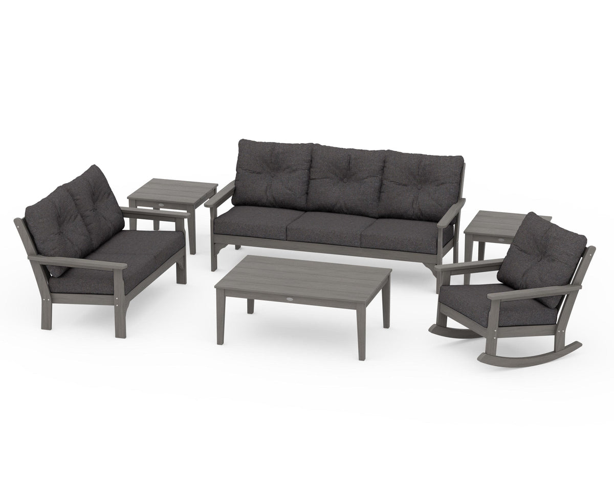 POLYWOOD Vineyard 6-Piece Deep Seating Set with Rocking Chair in Driftwood / Ash Charcoal