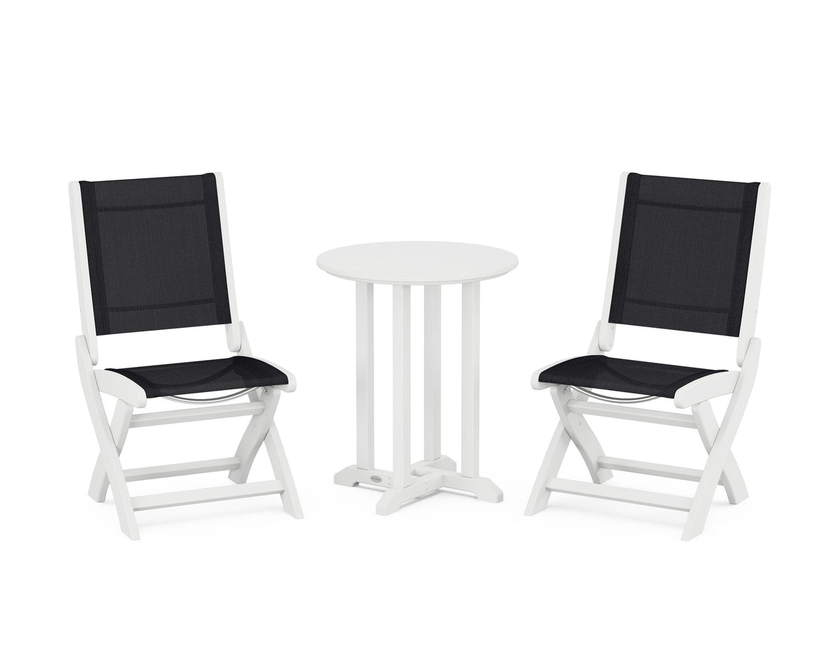 POLYWOOD Coastal Folding Side Chair 3-Piece Round Bistro Dining Set in White / Black