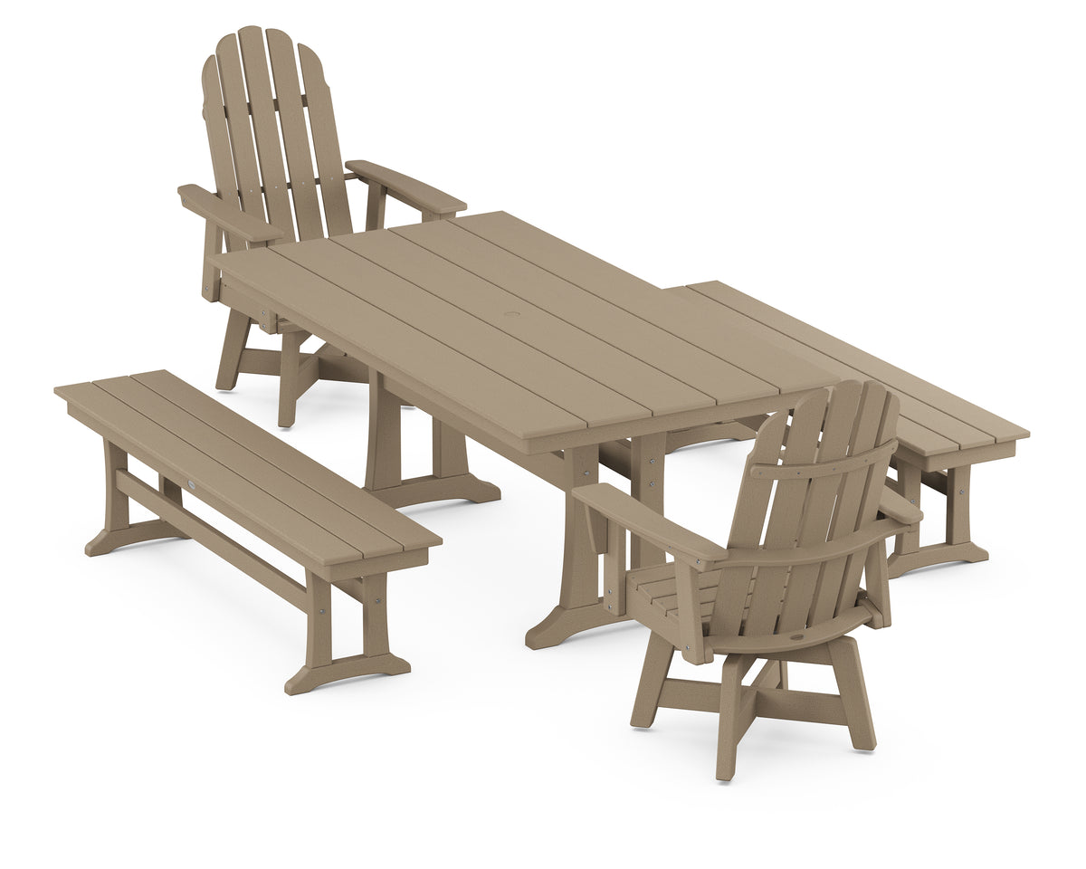 POLYWOOD Vineyard Curveback Adirondack Swivel Chair 5-Piece Farmhouse Dining Set with Trestle Legs and Benches in Vintage Sahara