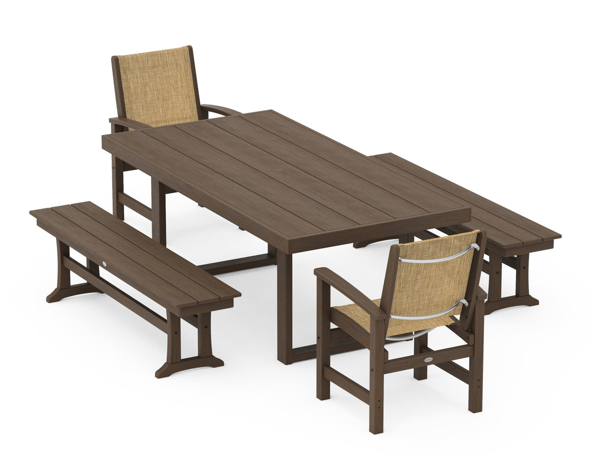 POLYWOOD Coastal 5-Piece Dining Set with Trestle Legs with EDGE 40" x 78" Dining Table in Kona / Burlap